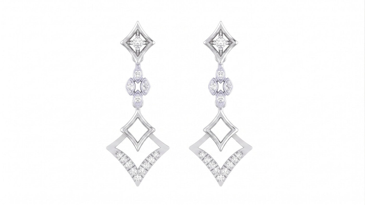Pair of white gold and diamond earrings on a white background
