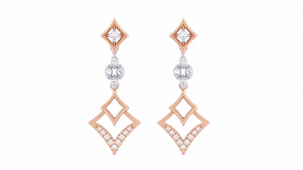 Pair of rose gold and diamond earrings on a white background