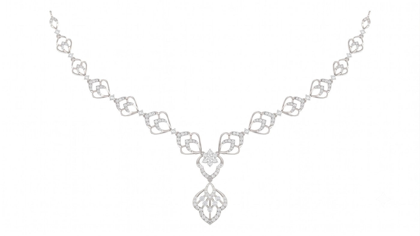 White gold and diamond necklace with clear diamonds, featuring a floral design, shown on a plain white background.