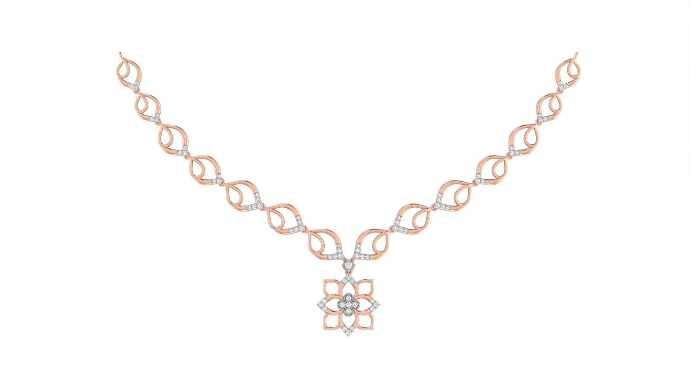 A rose gold and diamond necklace featuring a central floral design, displayed on a solid white background.