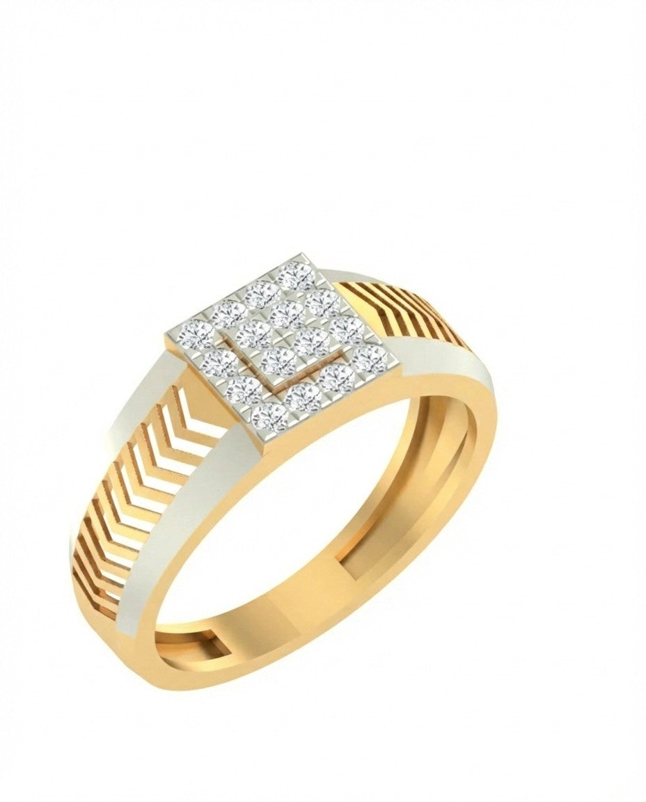 Yellow gold ring with diamond men's ring square center on a white background