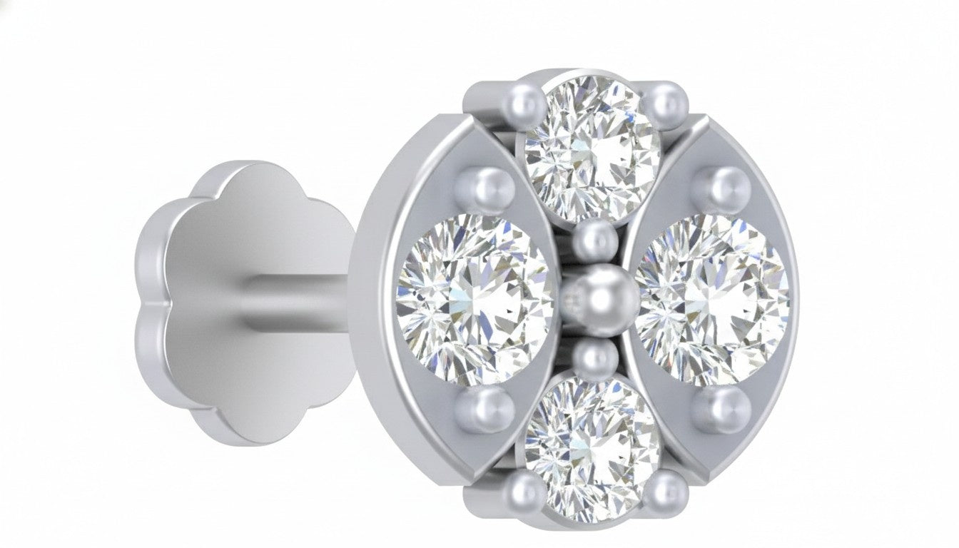 white gold and diamond stud nose pin on a white background