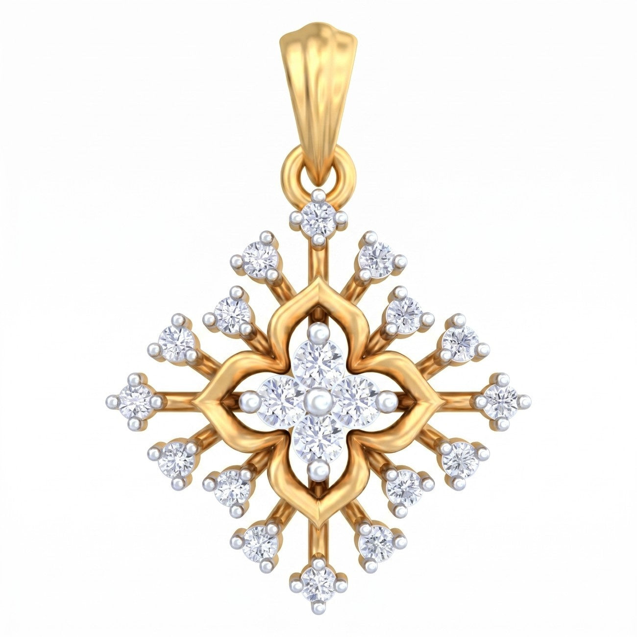 A gold pendant featuring a four-petal floral design set with clear gemstones, including a central cluster and smaller stones along the outer points, shown on a plain white background.