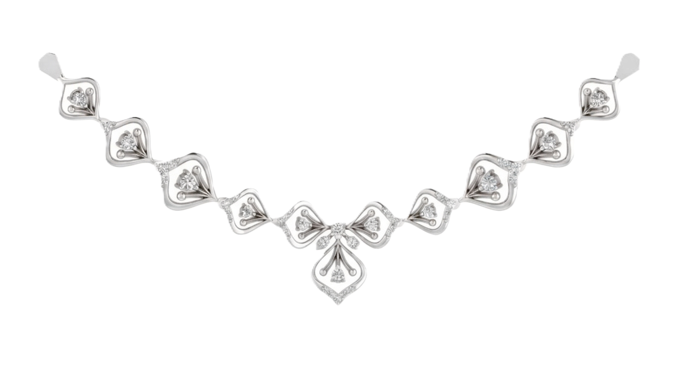 white gold and diamond necklace featuring repeating openwork petal links and a delicate floral center drop. 