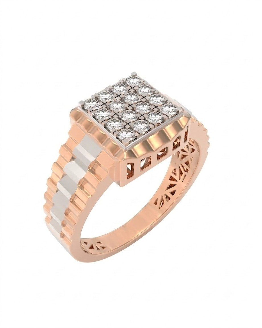 A rose gold and diamond ring featuring a square pavé diamond top, shown on a plain white background.