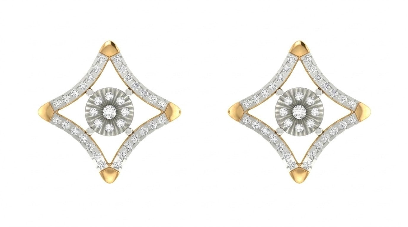 Pair of yellow gold and diamond stud earrings on a white background