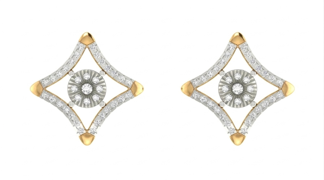 Pair of rose gold and diamond stud earrings on a white background