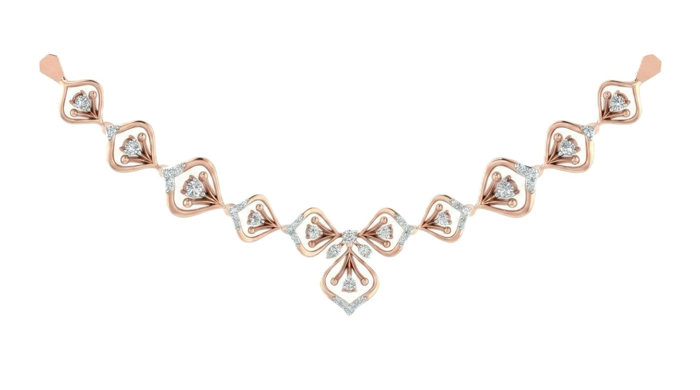 Rose gold and diamond necklace featuring repeating openwork petal links and a delicate floral center drop.