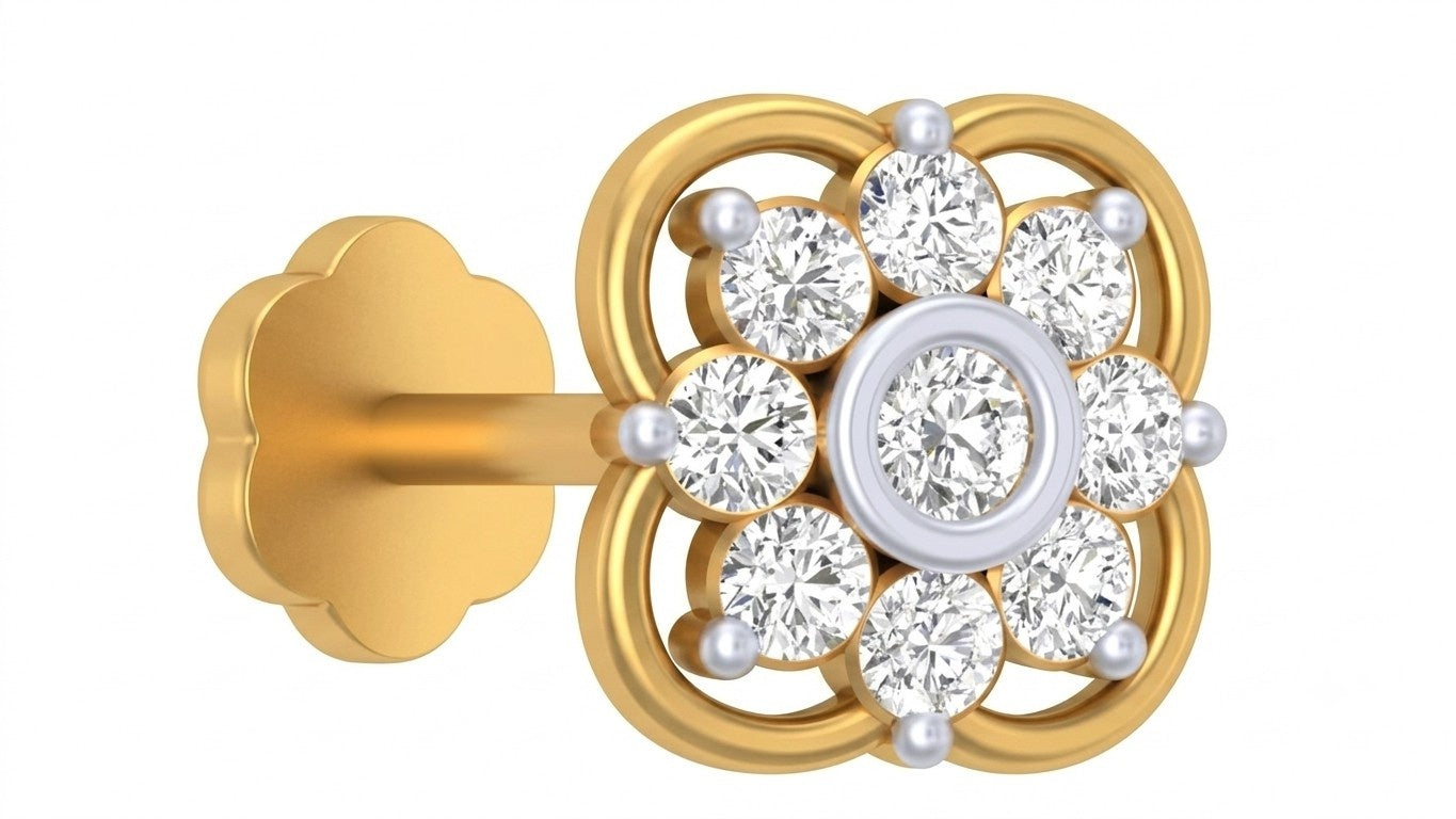 Yellow gold and diamond stud nosepin with floral-shaped on a white background.