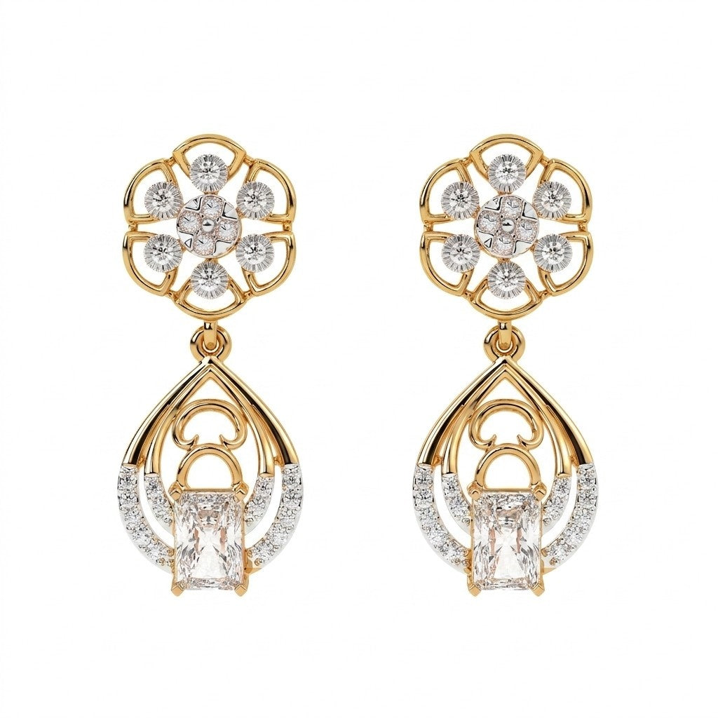 Yellow gold and diamond dangler earring with floral-shaped on a white background.
