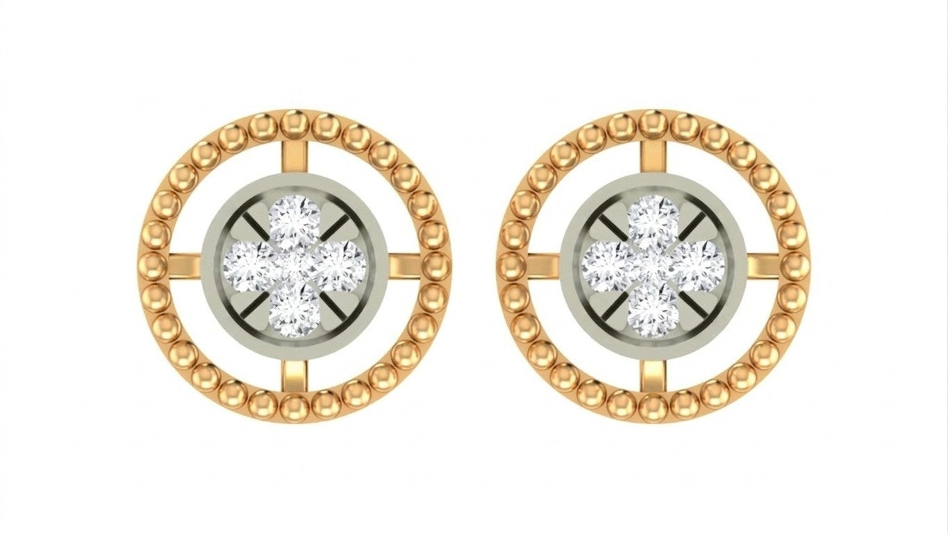 A pair of yellow gold and diamond round-shaped earrings on a white background