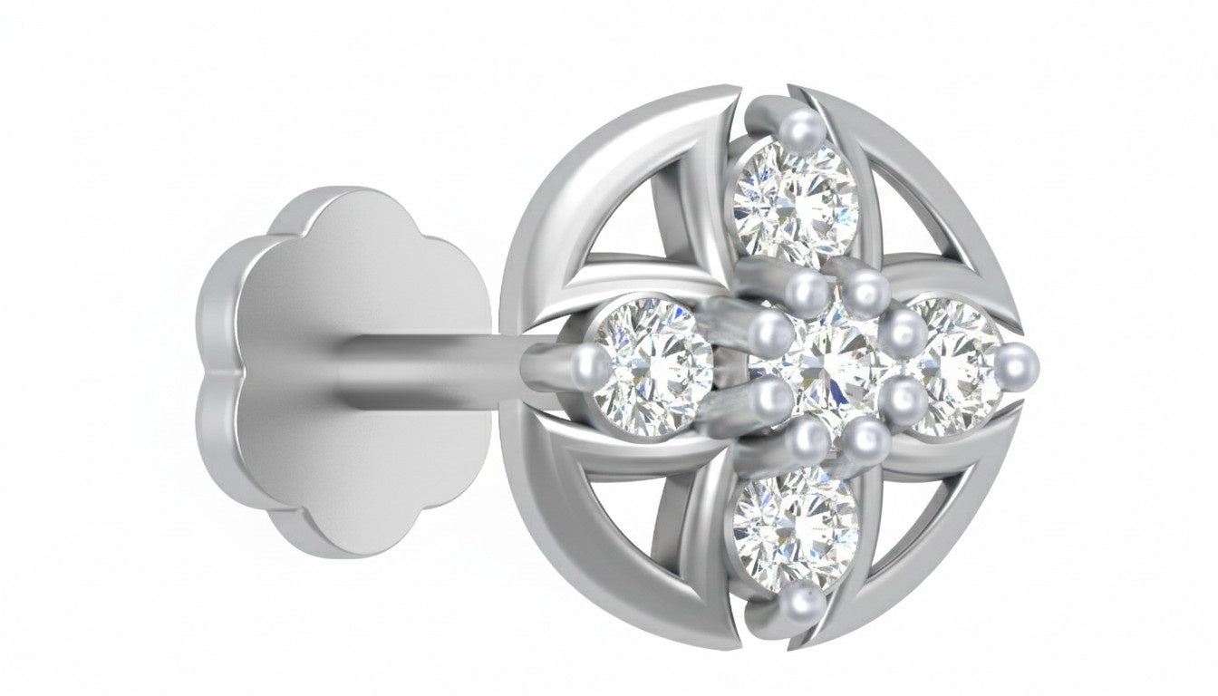 white gold and diamond stud nose pin on a white background