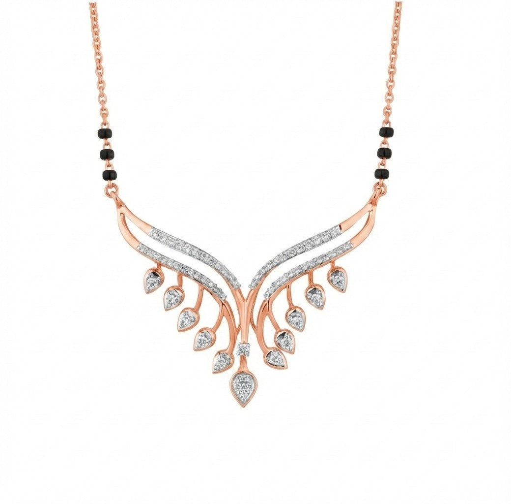 Rose gold mangalsutra with black beads on a white background