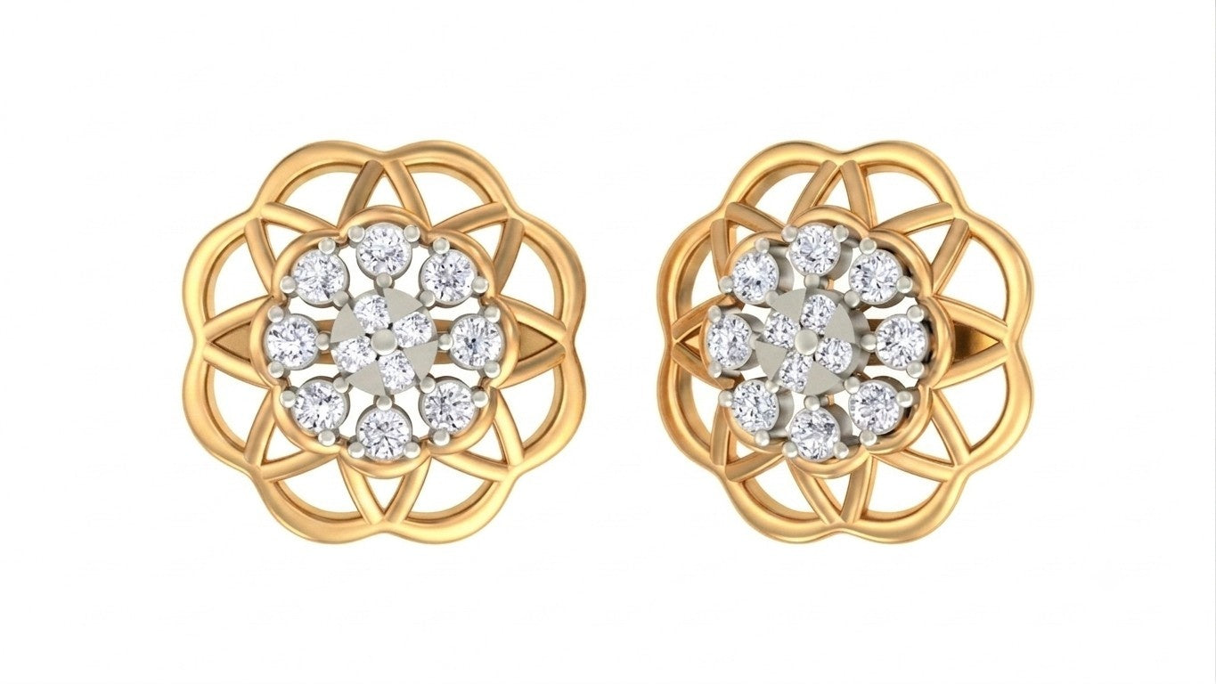 Yellow gold and diamond stud earring with floral-design on a white background.
