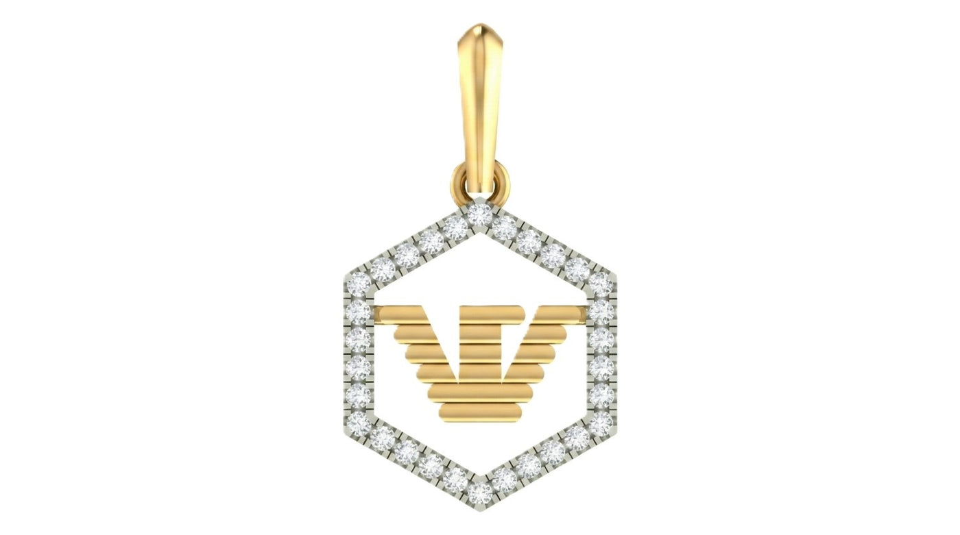 Yellow gold and diamond hexagonal shape pendant on a white background