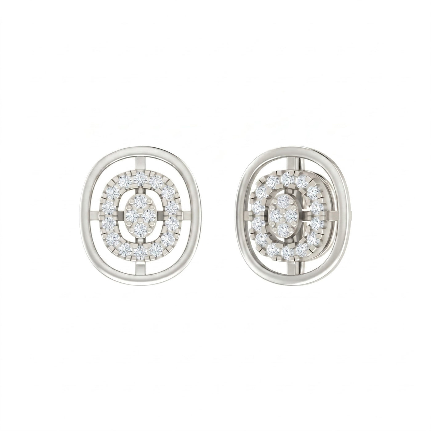 White gold and diamond stud earrings with halo-design on a white background