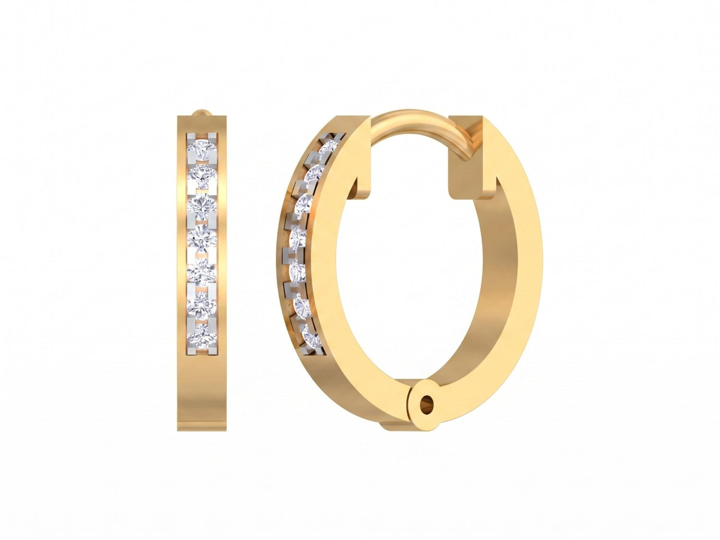 Yellow gold and diamond hoop earrings on a white background