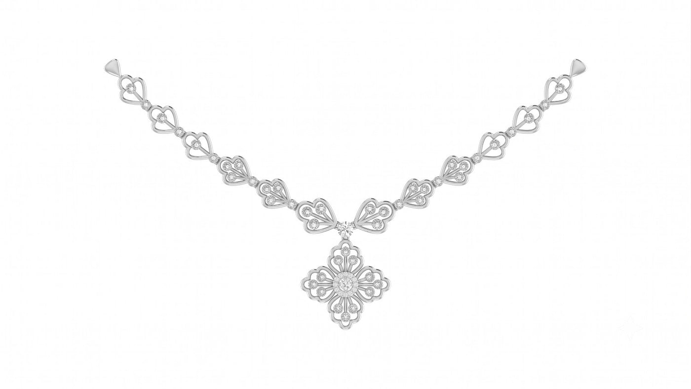 A white gold necklace with a floral design,displayed on a solid white background.