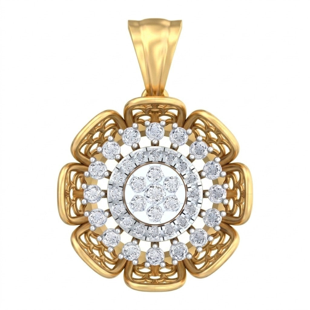 Yellow gold pendant with diamond accents on a white background