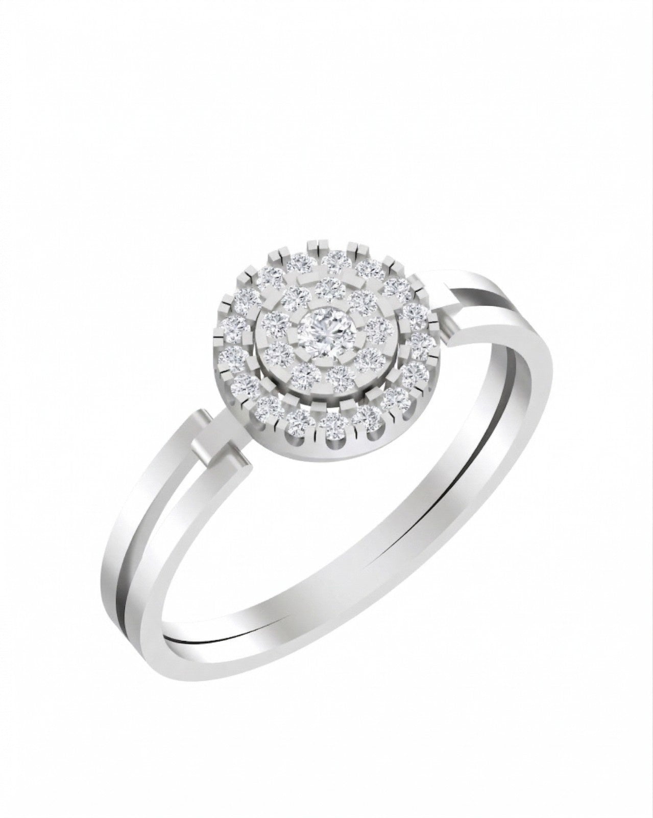 White gold ring with a diamond cluster on a white background