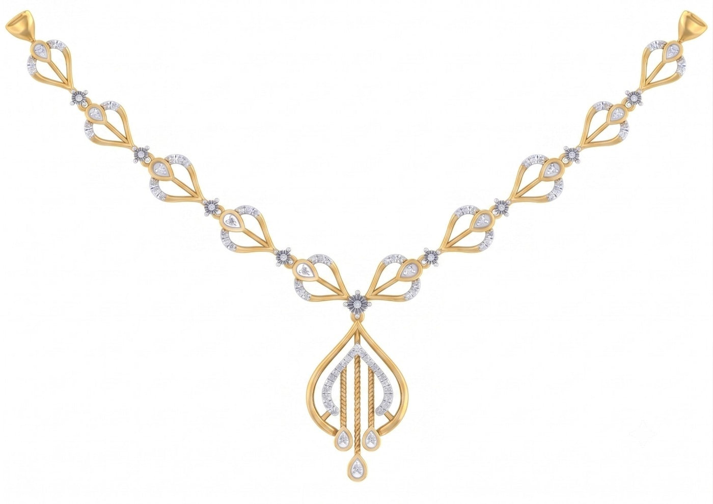 Yellow gold and diamond necklace with openwork leaf links and an intricate chandelier drop.