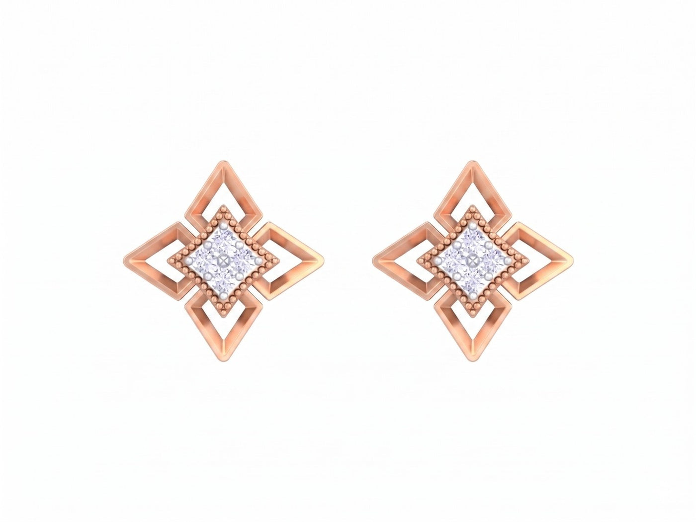 Rose gold and diamond stud earrings on a white background.