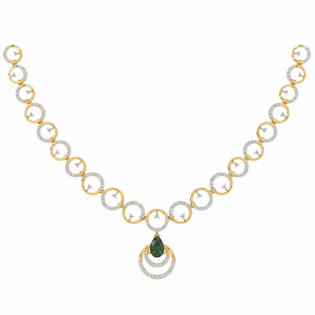 A yellow gold and diamond necklace featuring repeating interlocking circular links, a teardrop-shaped green gemstone pendant, shown on a plain white background.