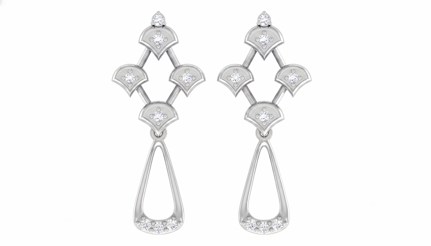 White gold and diamond drop earring ona white background.