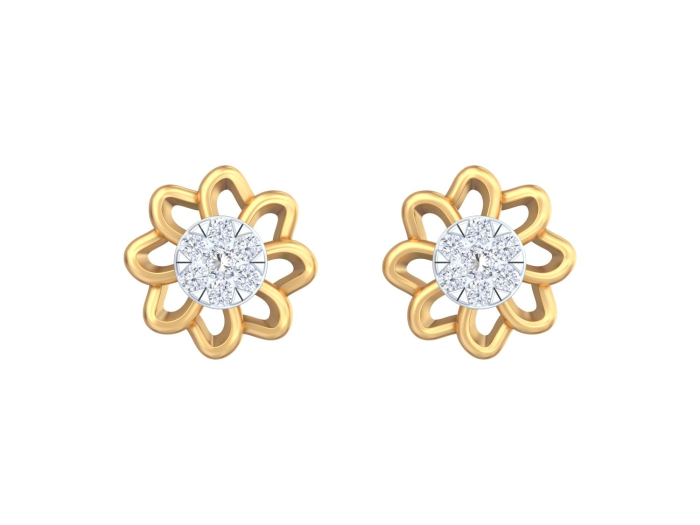 Yellow gold and diamond stud earring with floral-design on a white background.