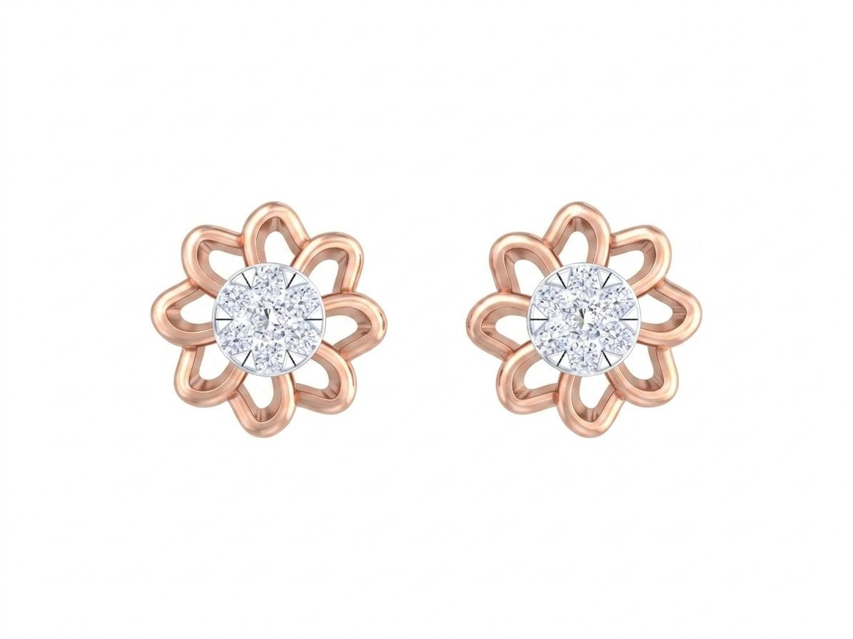 Rose gold and diamond stud earring with floral-design on a white background.