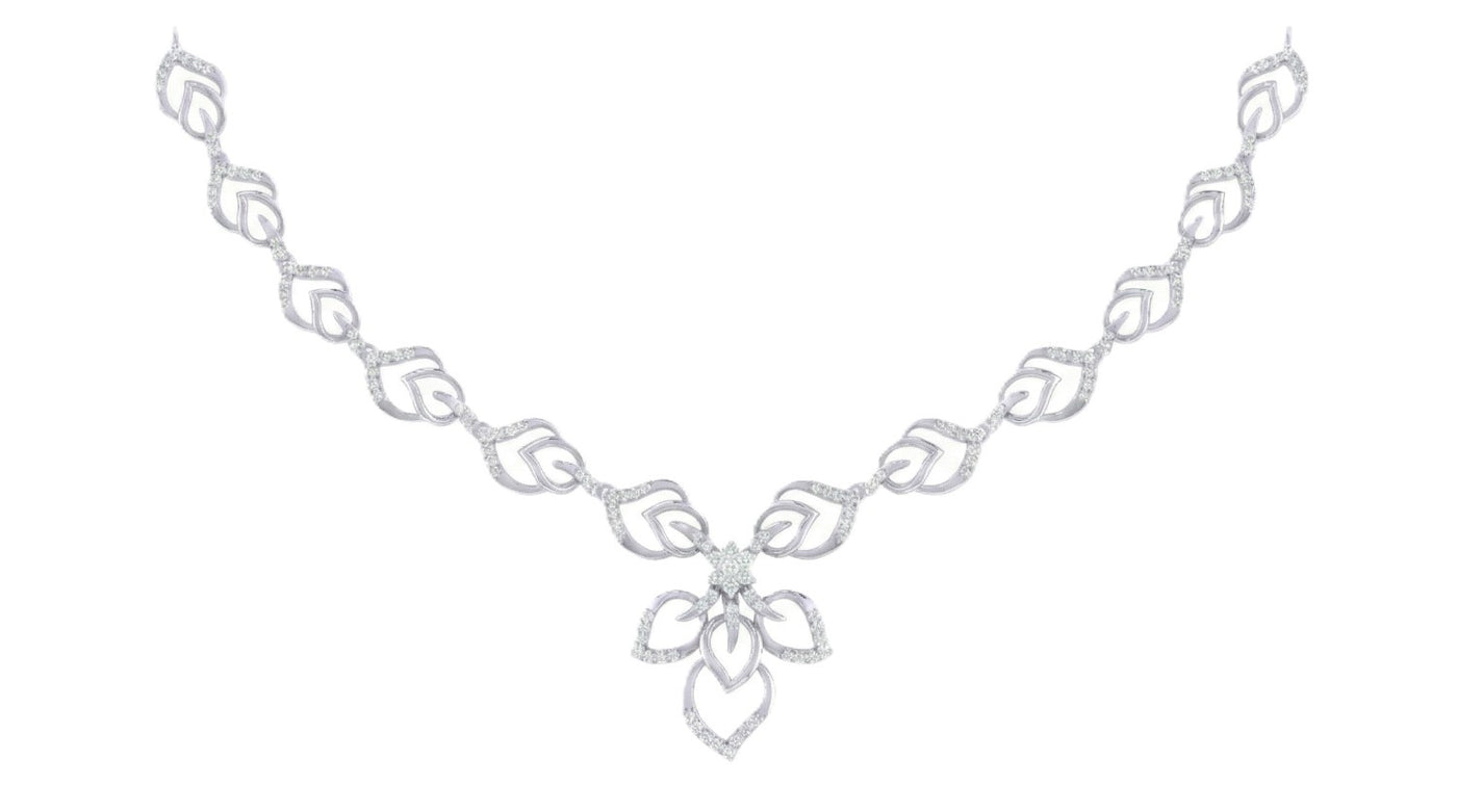 White gold and diamond necklace with leaf-like design on a white backgrounds