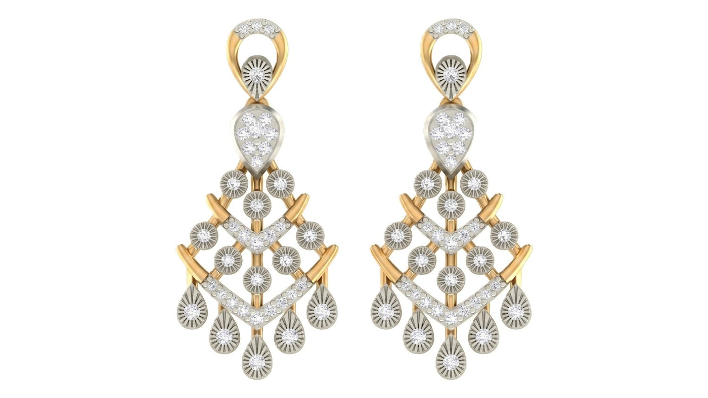 Pair of yellow gold and diamond chandelier earrings with clear gemstones on a white background

