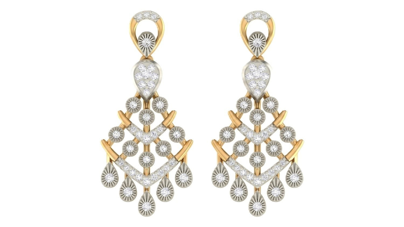 Pair of yellow gold and diamond chandelier earrings on a white background