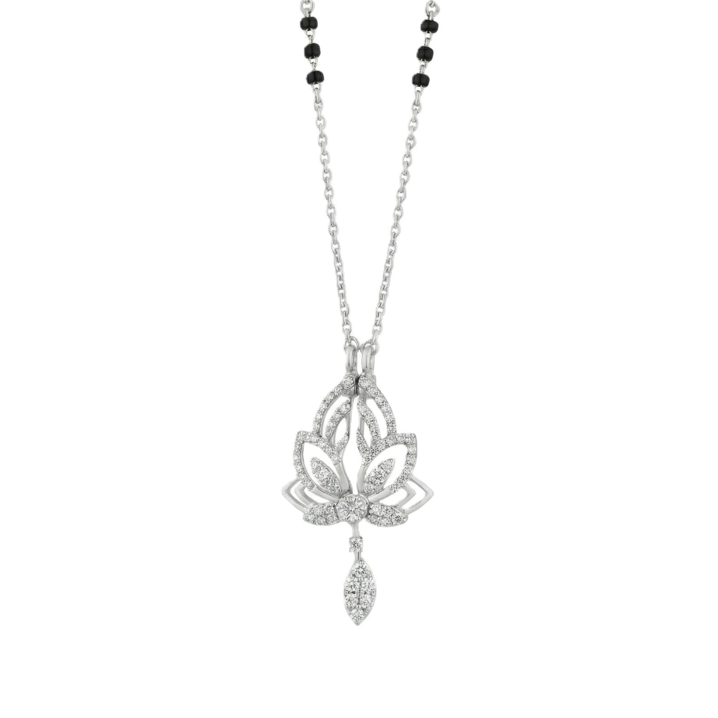 White gold mangalsutra with a leaf-shaped design on a white background