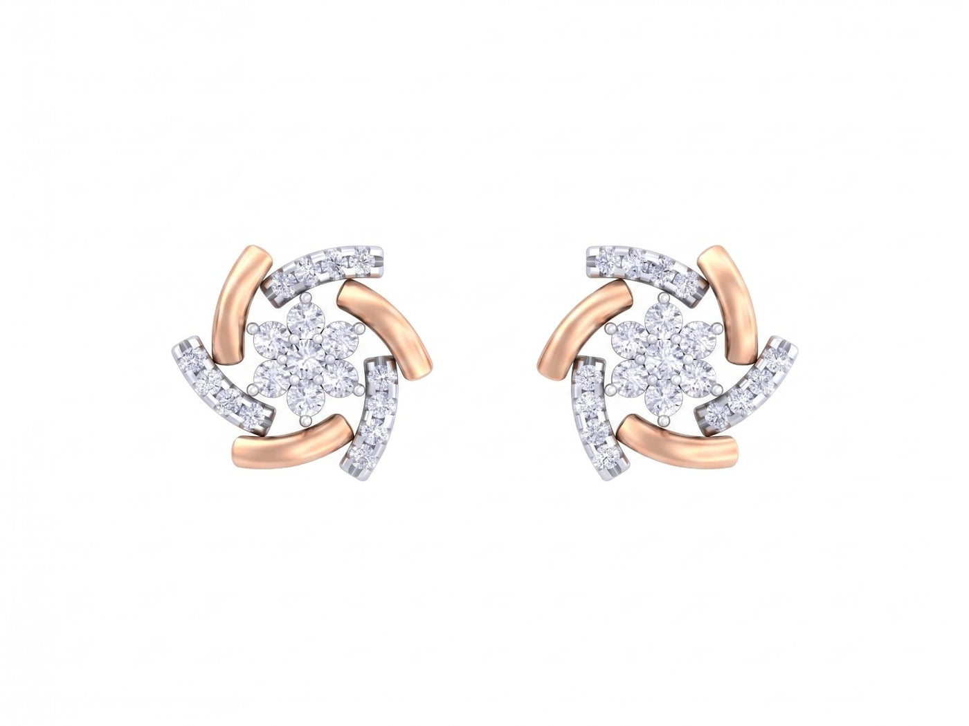 Rose gold and diamond stud earring with floral-design on a white background.