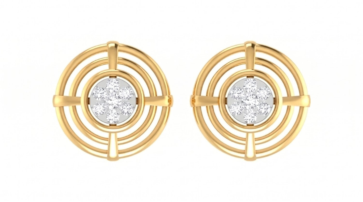 Yellow gold and diamond stud earrings with circular design on a white background