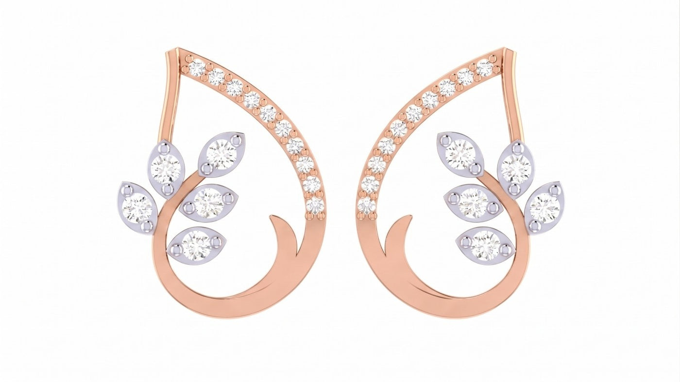 Rose gold and diamond floral earrings stones on a white background
