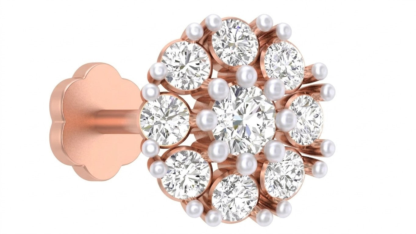 rose gold and diamond stud nose pin with diamond-like stones on a white background