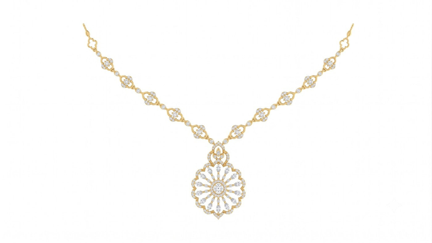 A yellow gold and diamond necklace with floral design, shown on a plain white background.