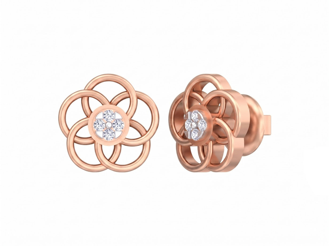 Rose gold and diamond  floral stud  earrings on a white background