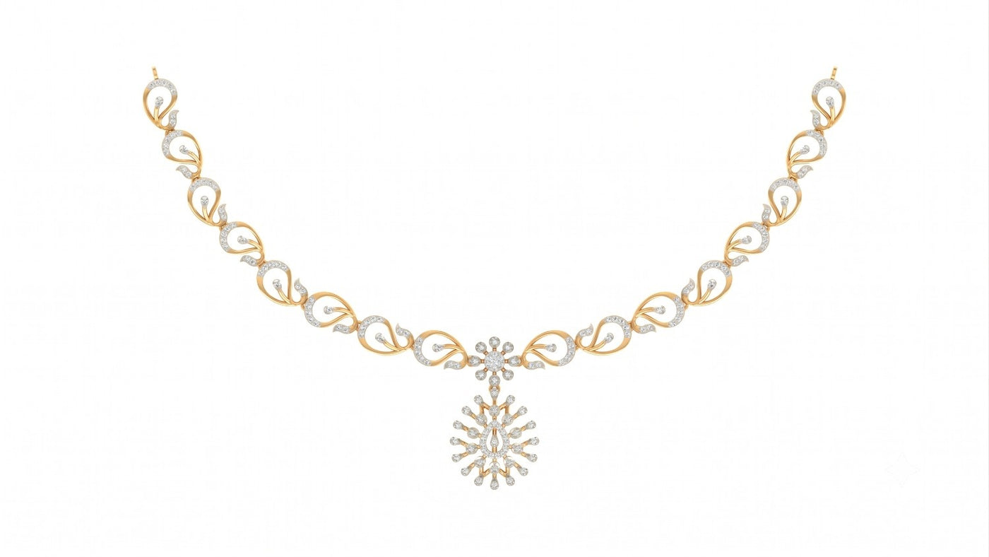 A delicate yellow gold and diamond  necklace featuring a repeating leaf pattern, displayed on a clean white background.