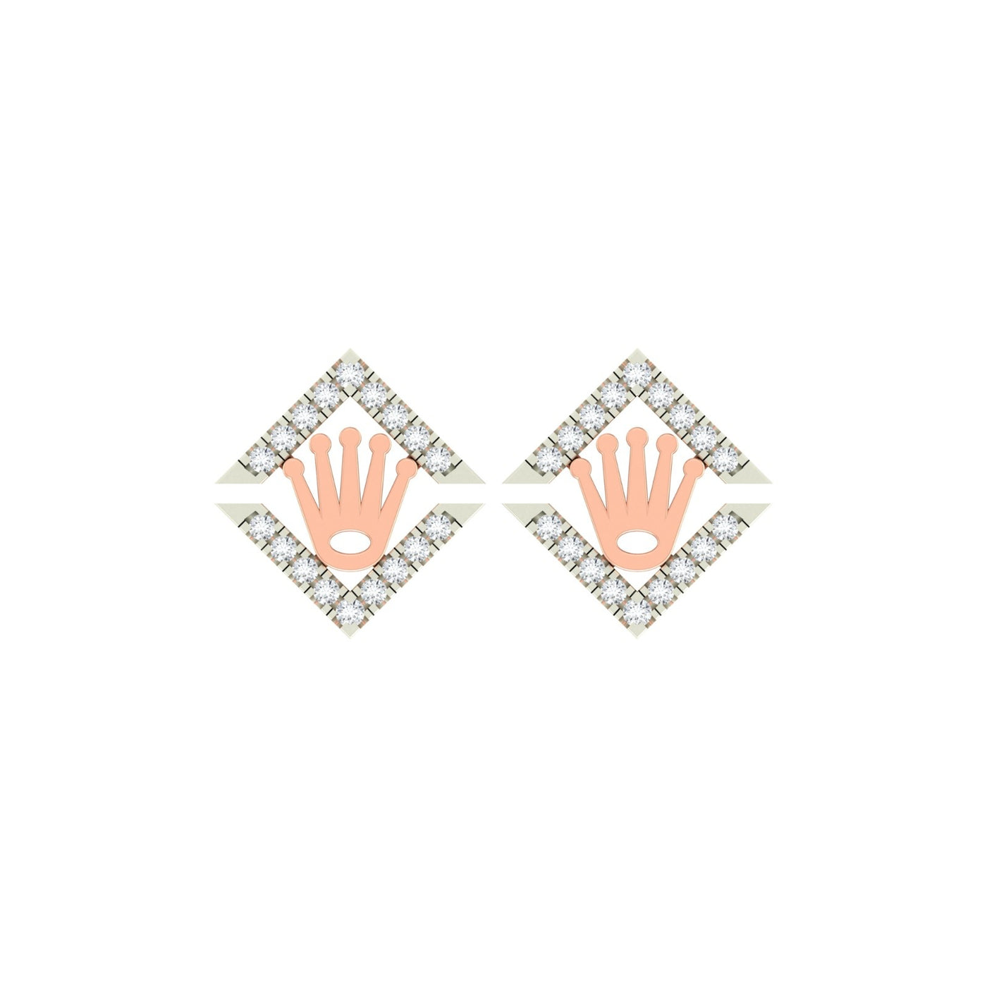 Pair of rose gold and diamond crown-design stud earrings on a white background.