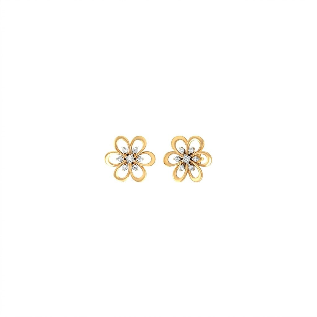 Yellow gold and diamond stud earring with floral-design on a white background.