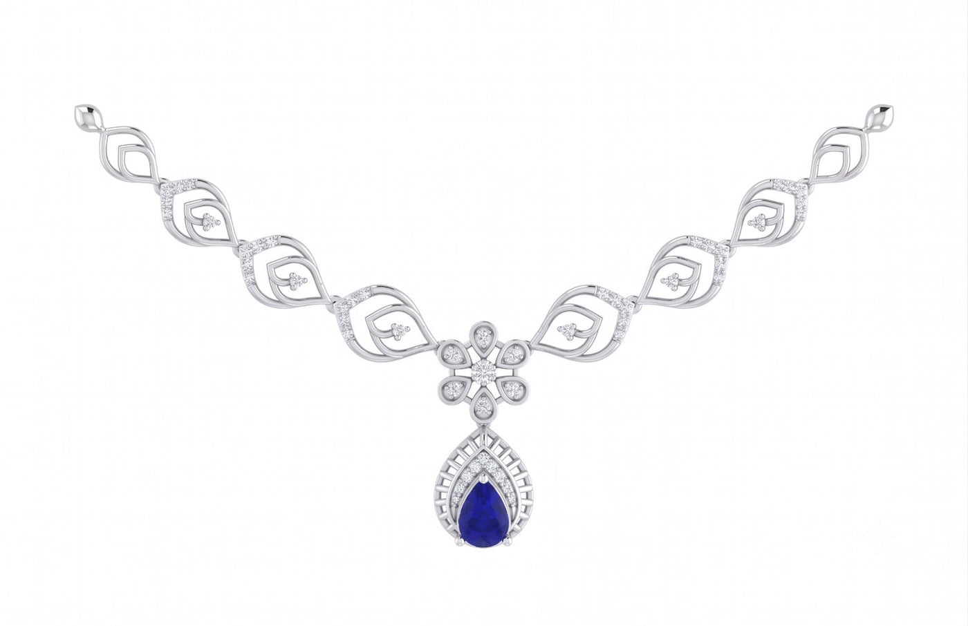 A white gold and diamond necklace featuring a teardrop-shaped blue sapphire gemstone, on a white background.