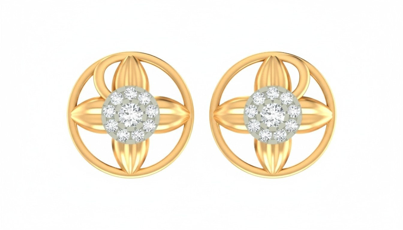 Yellow gold and diamond round-shaped stud earrings on a white background