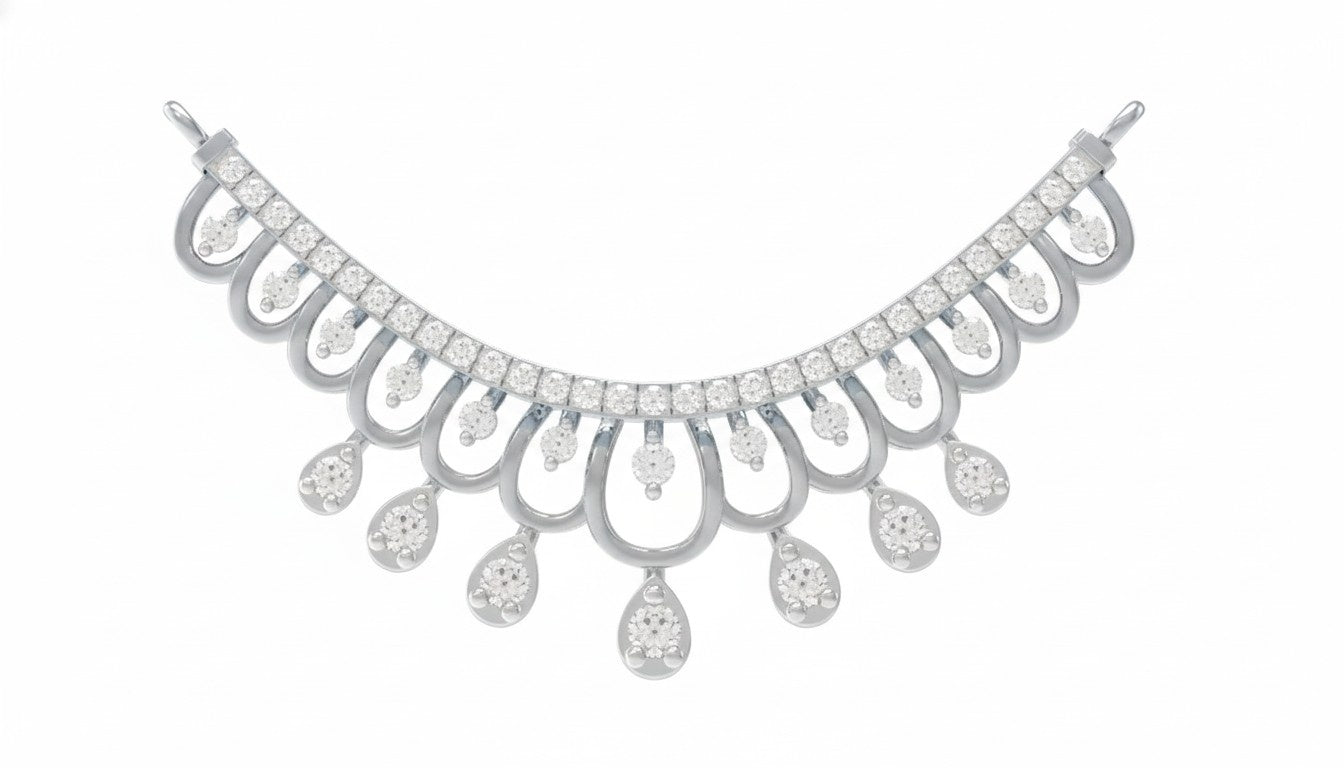 A white gold and diamond mangalsutra adorned with clear pavé diamonds and dangling teardrop-shaped diamond charms, shown against a plain white background.