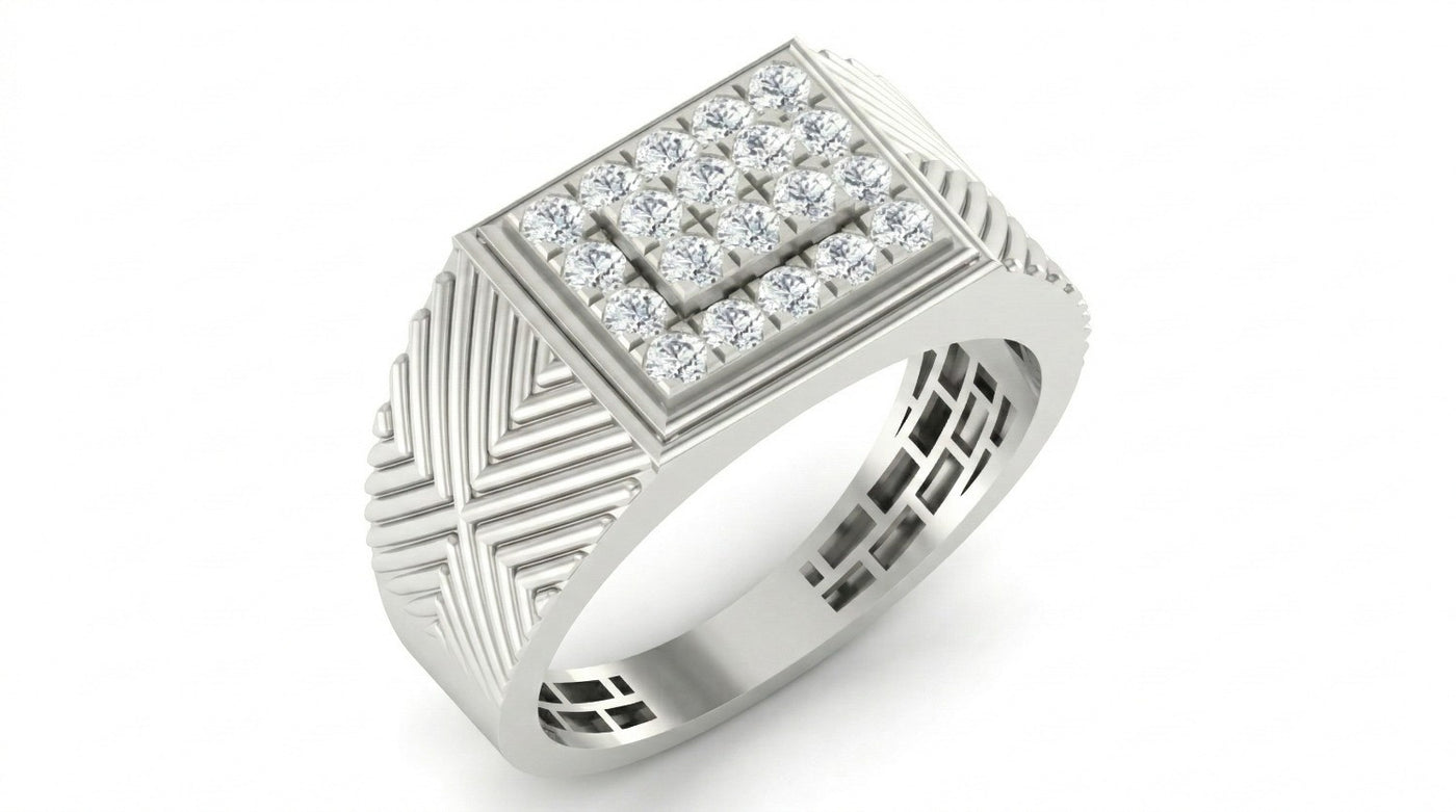 White gold ring with diamond-studded top on a white background