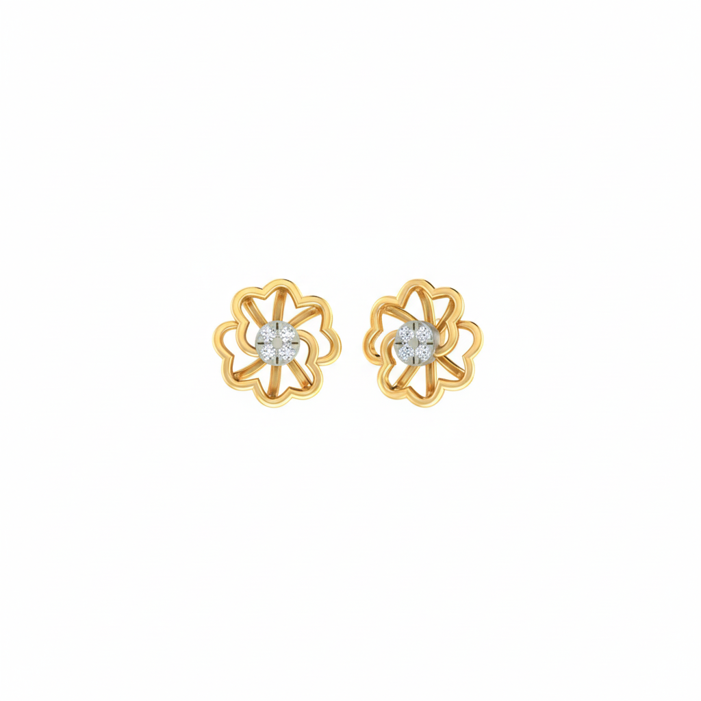 Yellow gold and diamond floral stud earring on a white background.