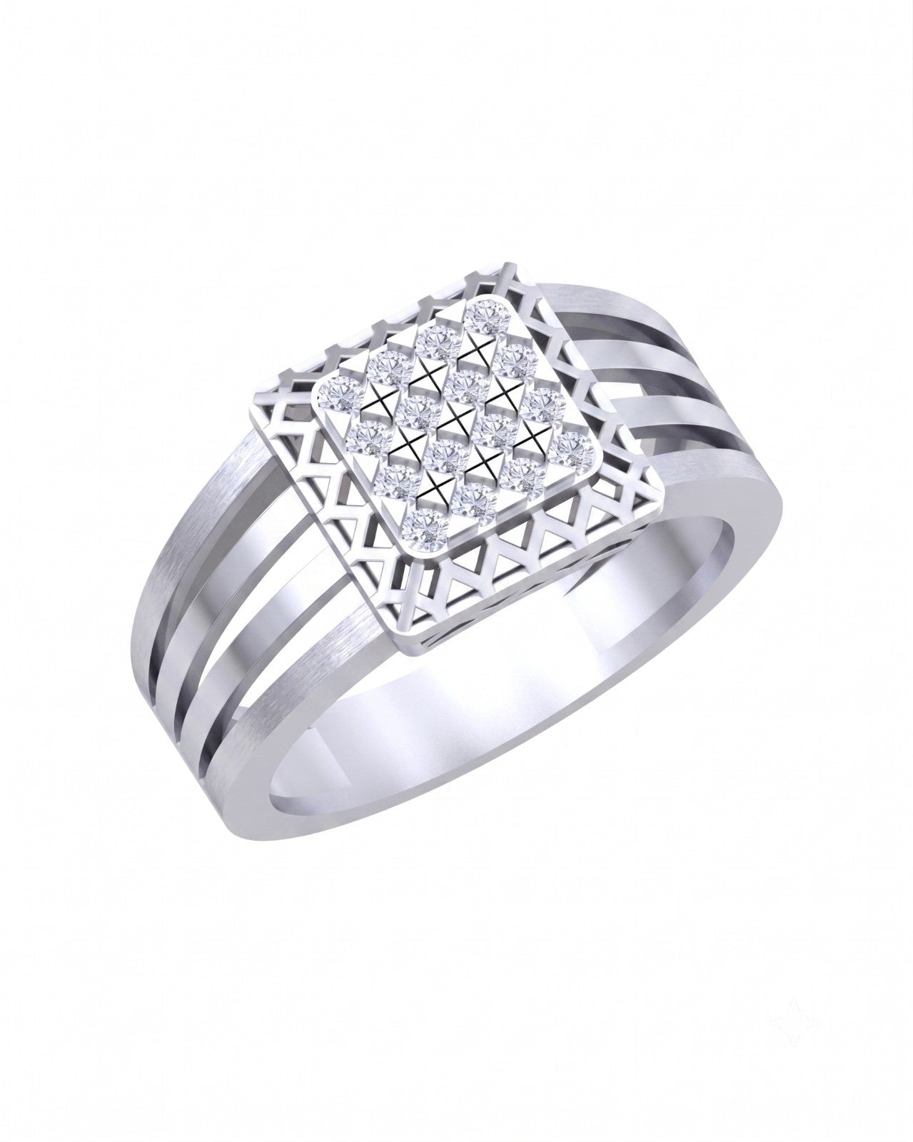 A white gold ring with a square diamond cluster center, shown on a plain white background.