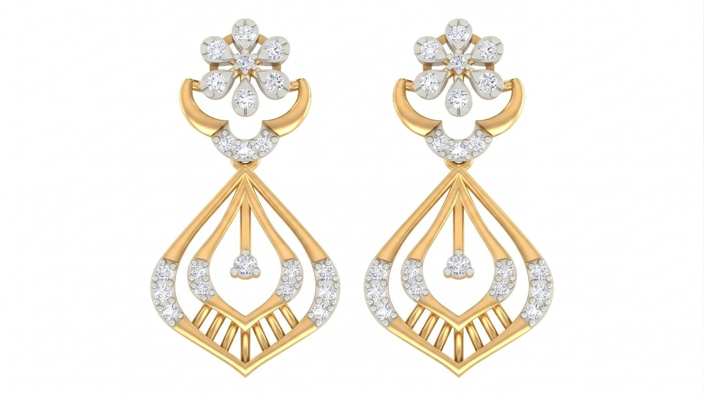 A pair of elegant yellow gold dangle earrings on a pure white background
